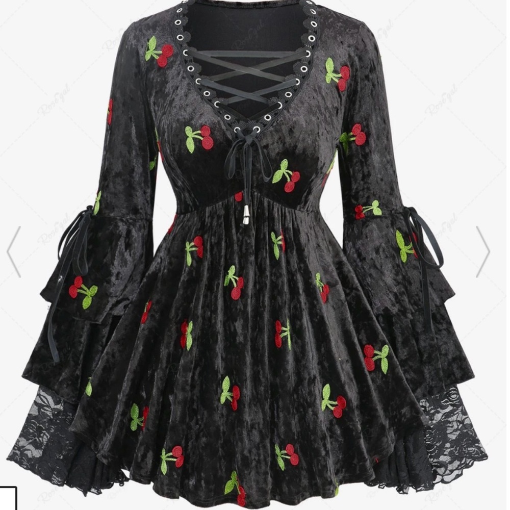 Black Velvet Dress with Cherry Embroidery
